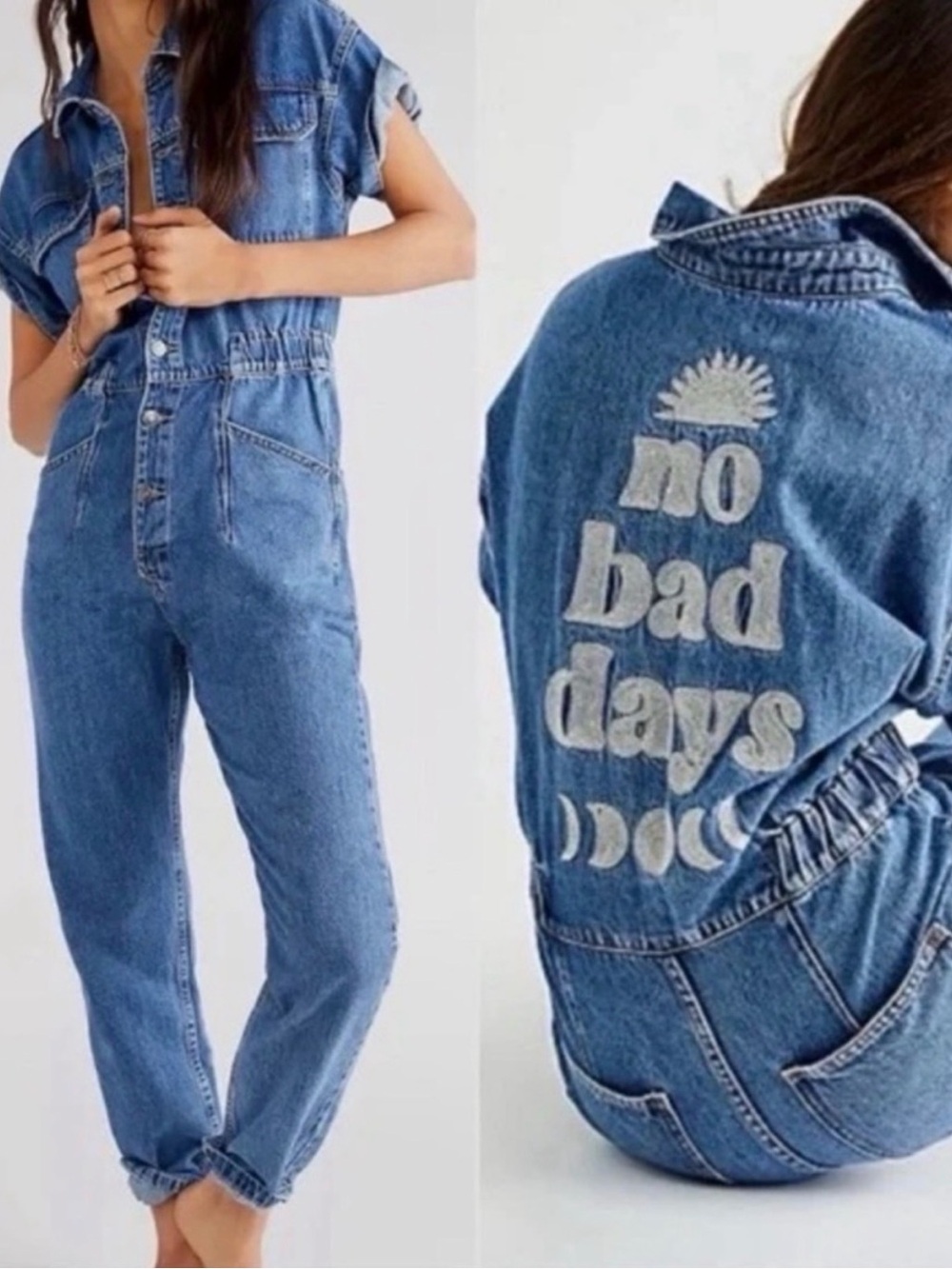 We The Free No Bad Days Denim Coverall Jumpsuit S Embroidered Moon Phase Rare